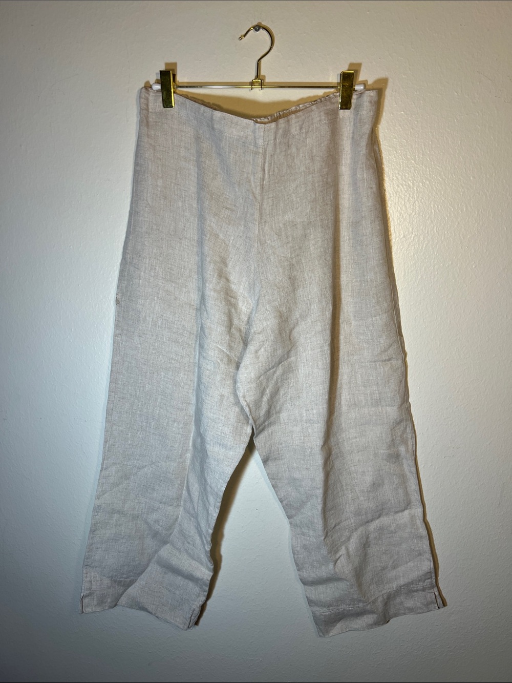 Brynn Walker Made in USA Khaki Beige Linen Relaxed Capri Pull On Pants Medium